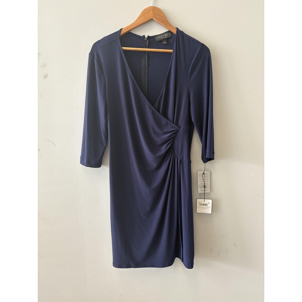 Laundry By Shelli Segal Dress Womens L Blue Ruched Wrap 3/4 Sleeve Knee‎ Length